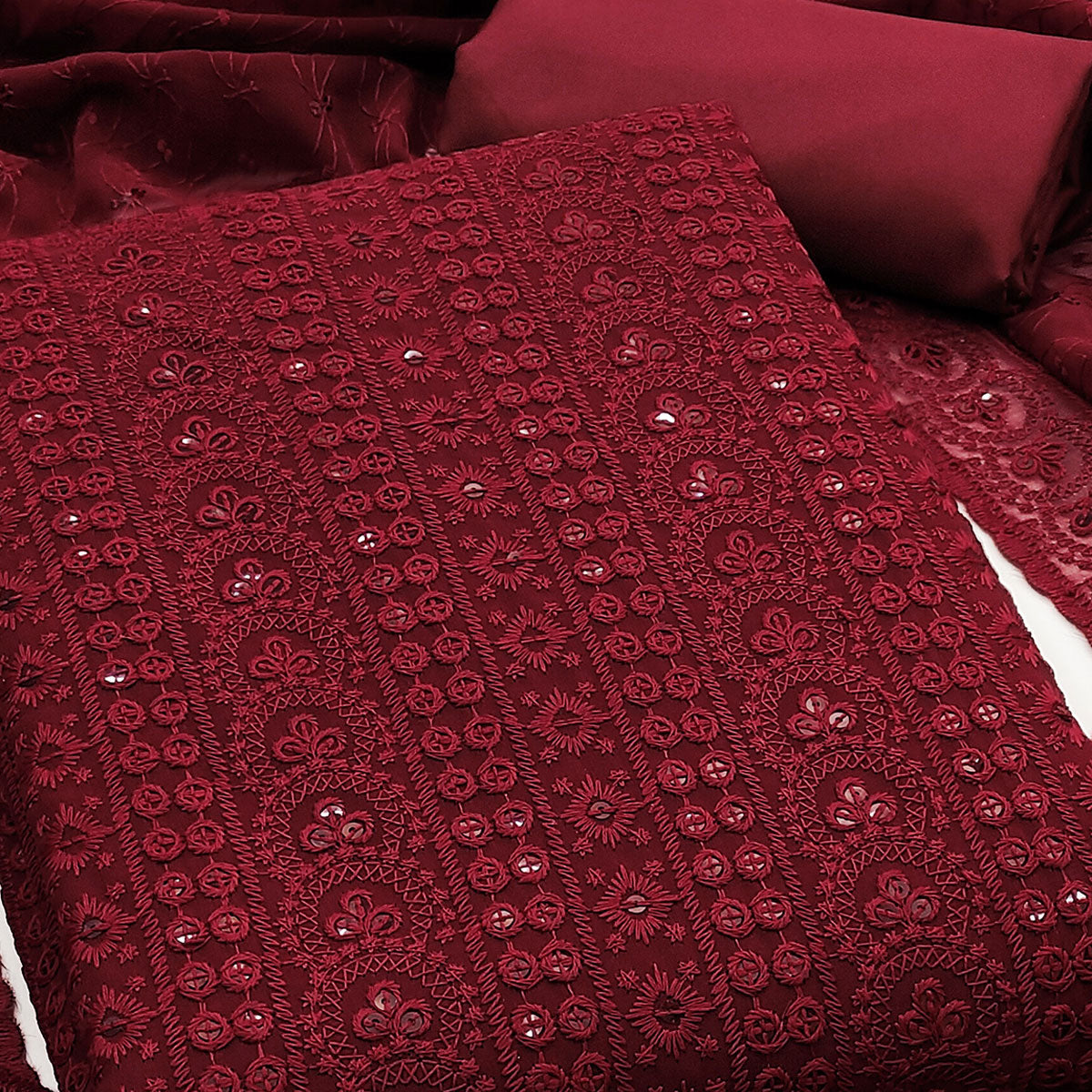Maroon Georgette Dress Material With Intricate Floral Thread & Sparkling Sequins Work