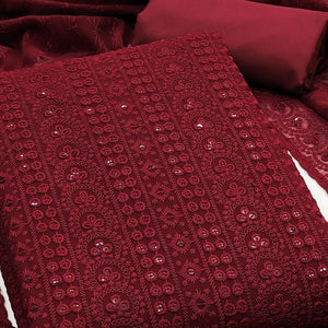 Maroon Georgette Dress Material With Intricate Floral Thread & Sparkling Sequins Work