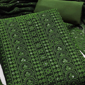Mehendi Green Georgette Dress Material With Intricate Floral Thread & Sparkling Sequins Work