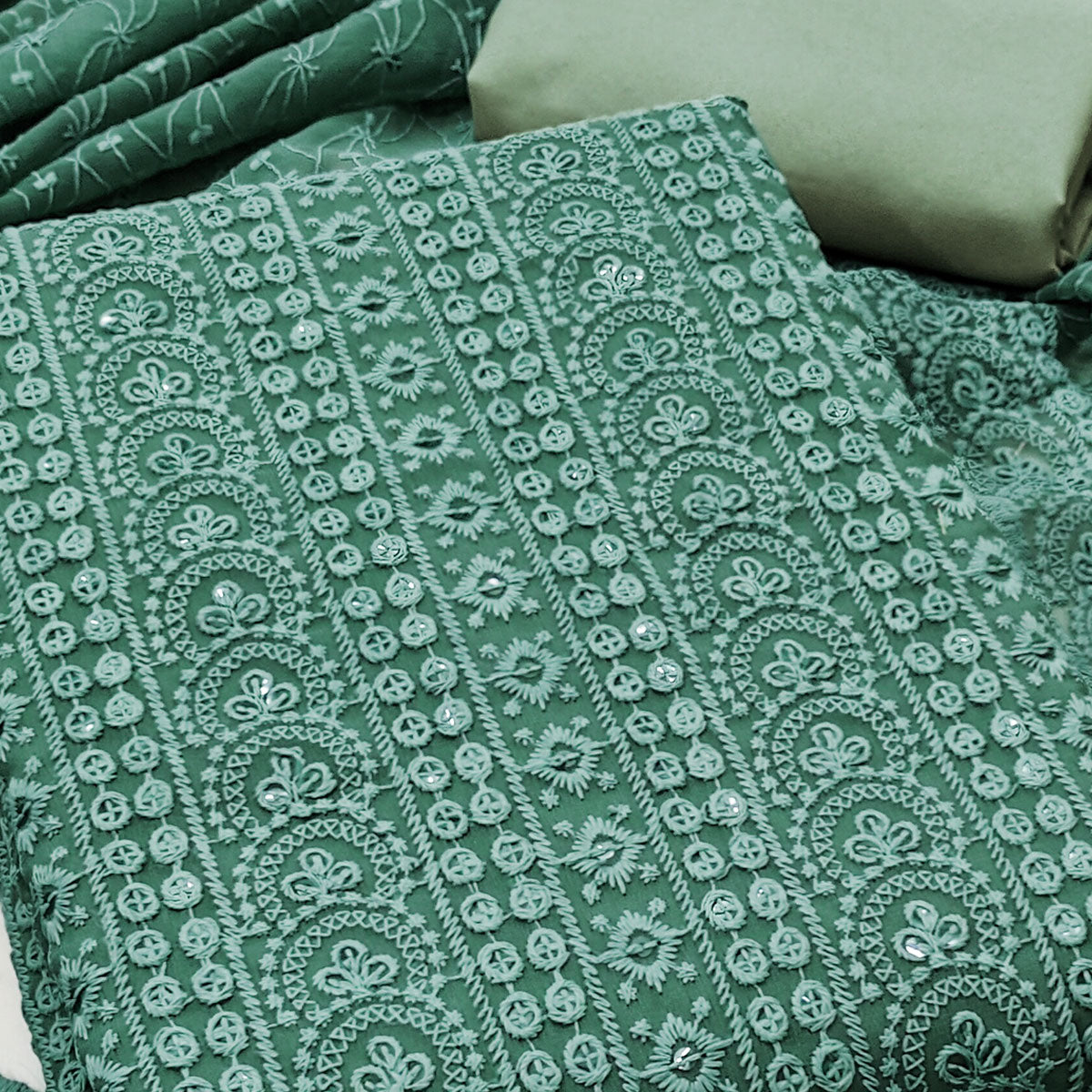 Sage Green Georgette Dress Material With Intricate Floral Thread & Sparkling Sequins Work