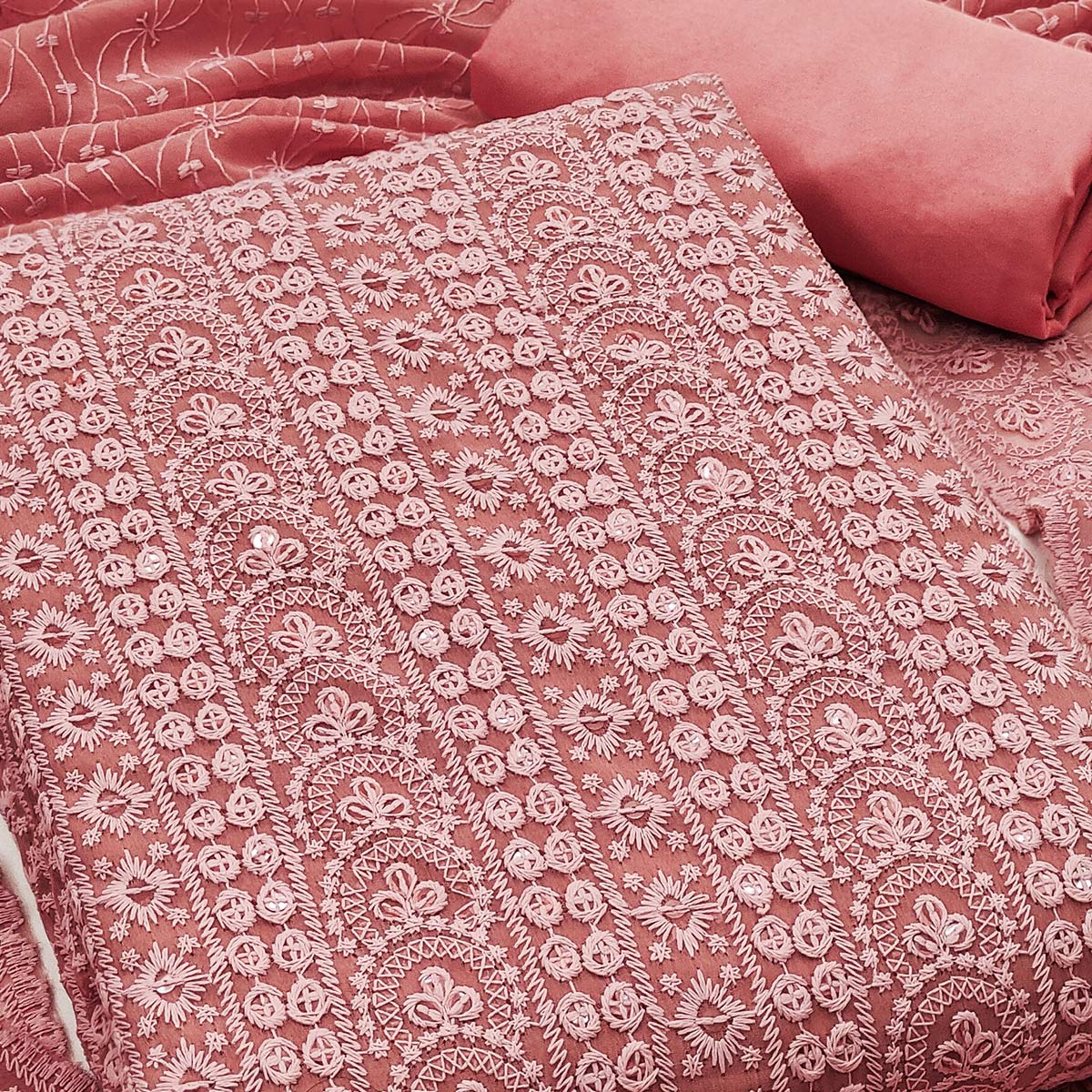 Salmon Rose Pink Georgette Dress Material With Intricate Floral Thread & Sparkling Sequins Work