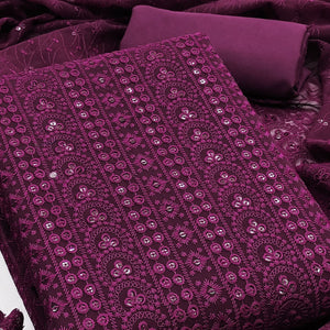 Wine Georgette Dress Material With Intricate Floral Thread & Sparkling Sequins Work