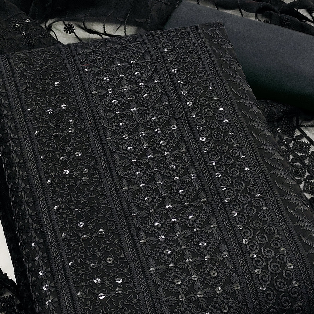 Black Floral Thread Embroidery With Sequins Highlighted Georgette Dress Material