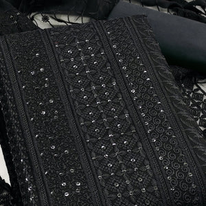 Black Floral Thread Embroidery With Sequins Highlighted Georgette Dress Material