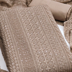 Brown Floral Thread Embroidery With Sequins Highlighted Georgette Dress Material