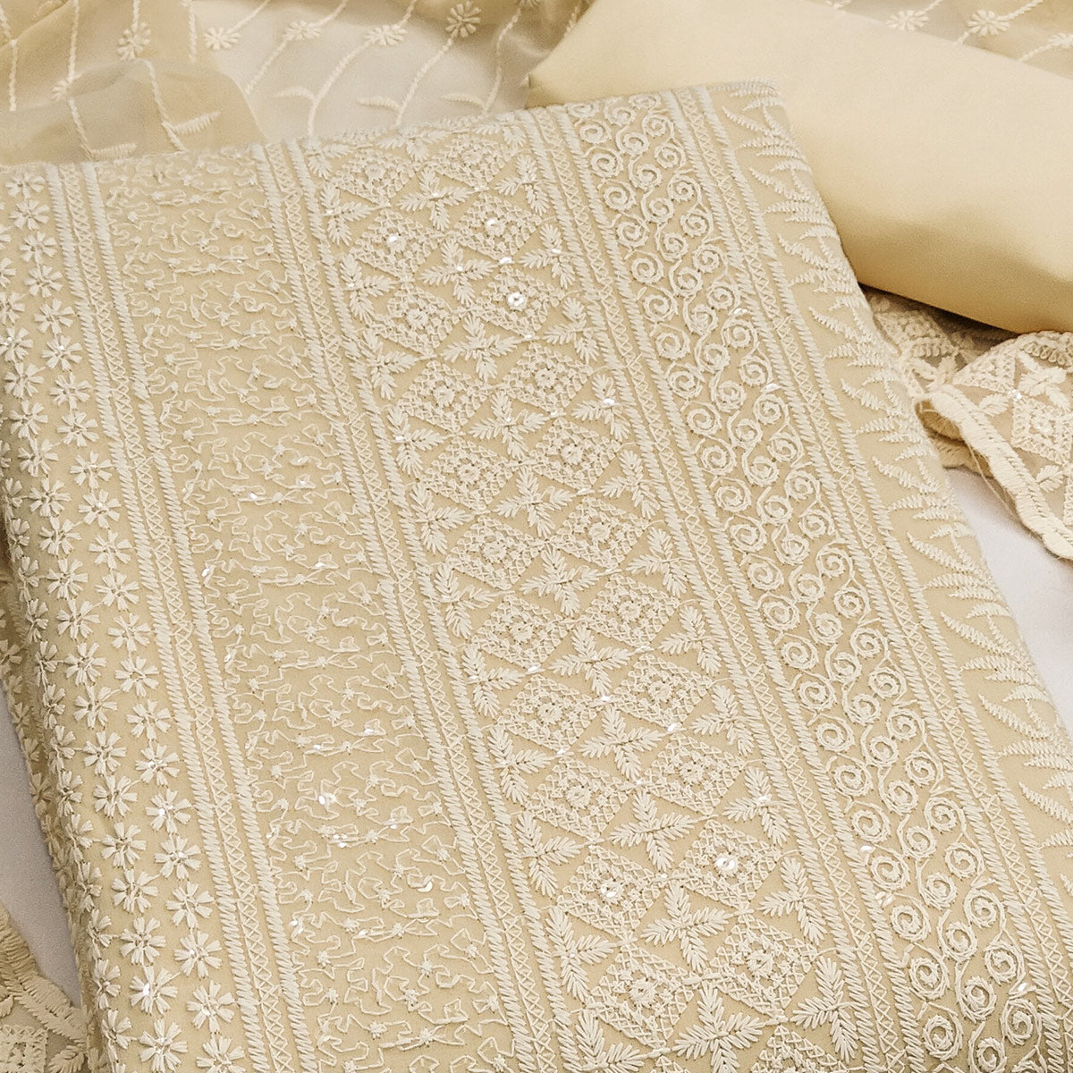 Cream Floral Thread Embroidery With Sequins Highlighted Georgette Dress Material