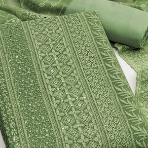 Green Floral Thread Embroidery With Sequins Highlighted Georgette Dress Material
