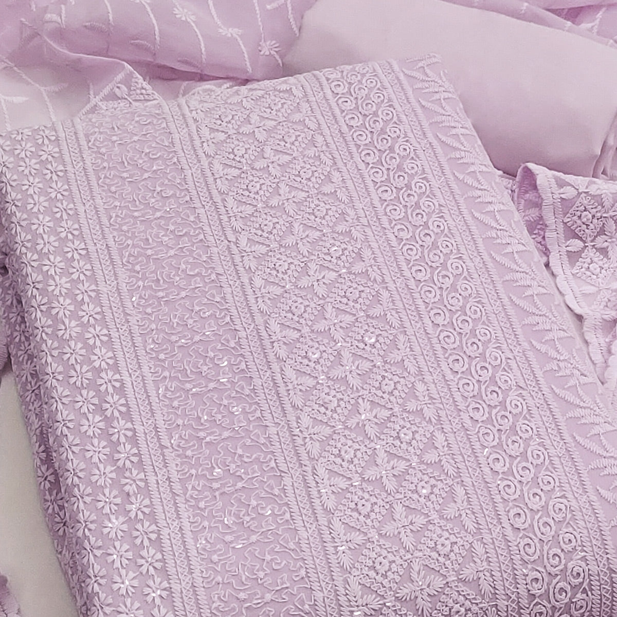 Lavender Floral Thread Embroidery With Sequins Highlighted Georgette Dress Material
