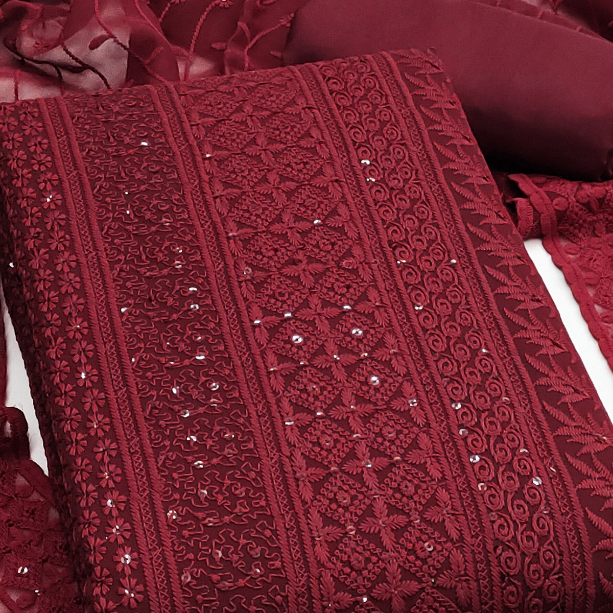 Maroon Floral Thread Embroidery With Sequins Highlighted Georgette Dress Material