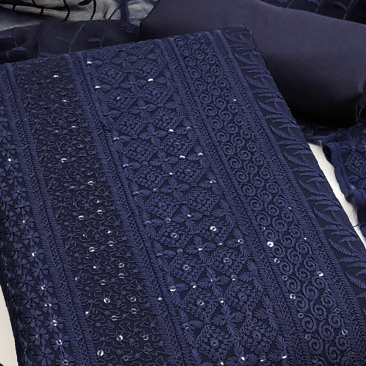 Navy Blue Floral Thread Embroidery With Sequins Highlighted Georgette Dress Material