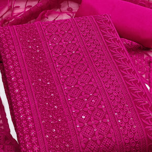 Rani Pink Floral Thread Embroidery With Sequins Highlighted Georgette Dress Material