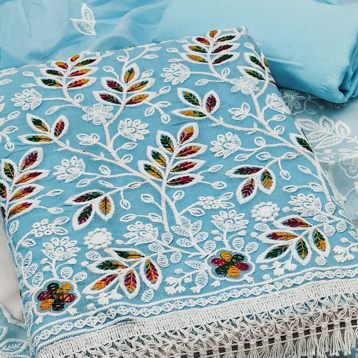 Blue Chanderi Silk Dress Material With Exquisite Floral Thread Embroidery