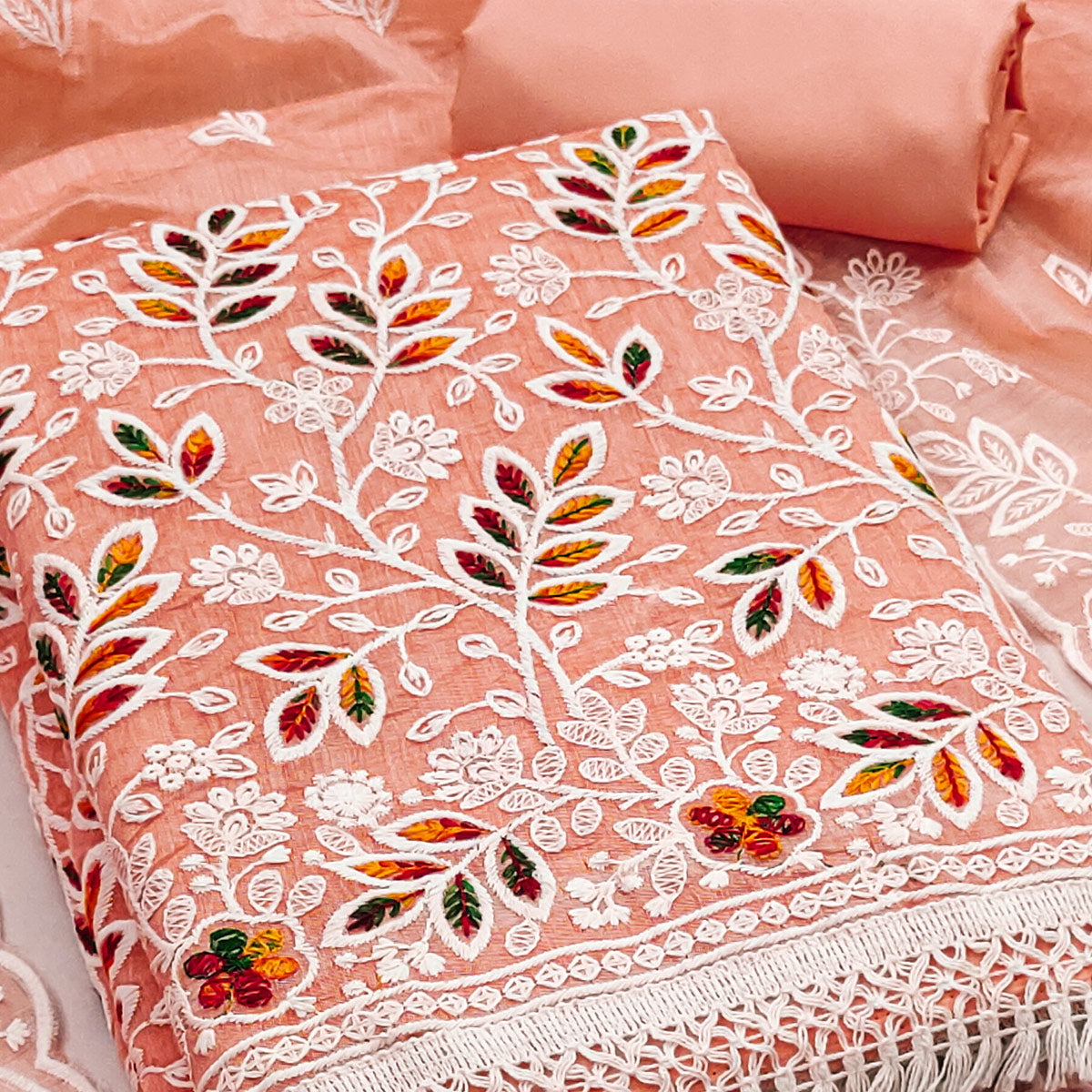 Orange Chanderi Silk Dress Material With Exquisite Floral Thread Embroidery