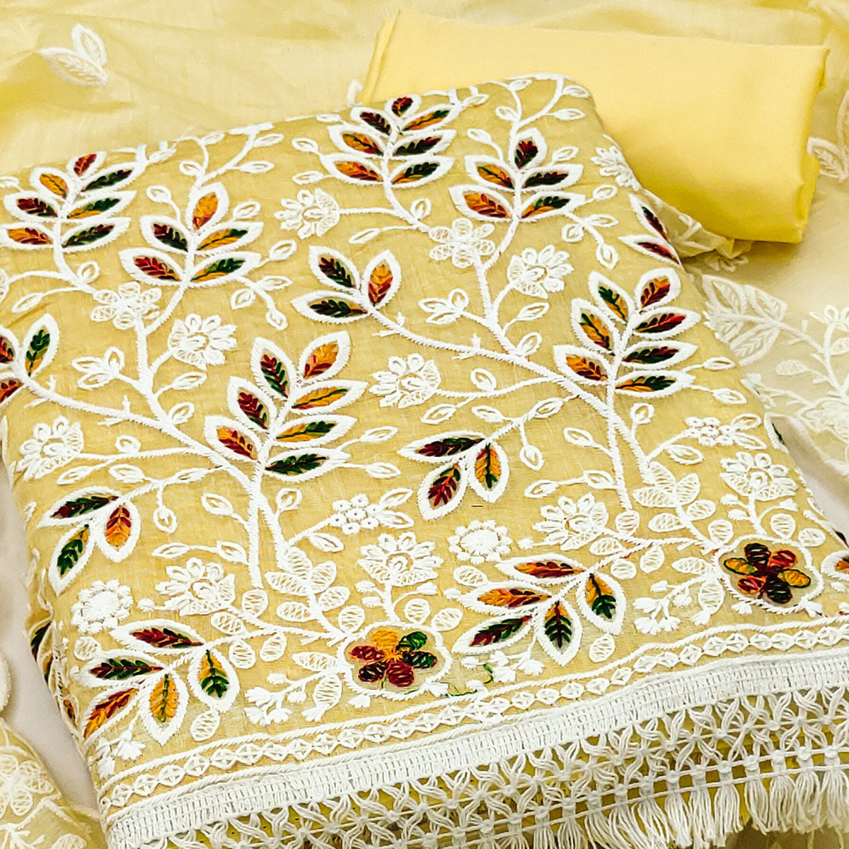 Yellow Chanderi Silk Dress Material With Exquisite Floral Thread Embroidery