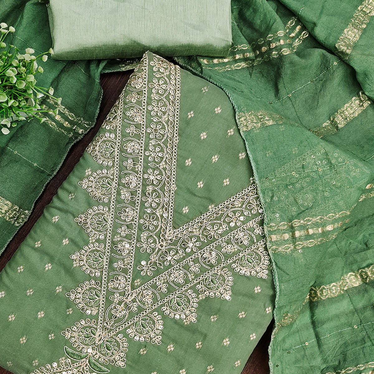 Festive Green Embroidered Dress Material Crafted from Rich Chanderi Silk with Zari Work