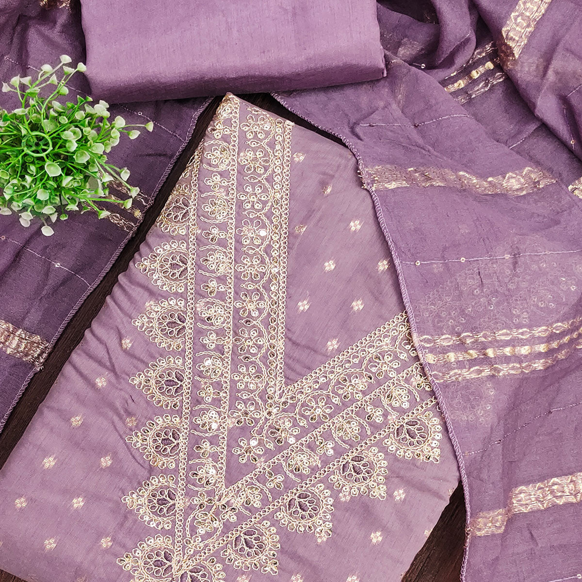 Festive Lavender Embroidered Dress Material Crafted from Rich Chanderi Silk with Zari Work