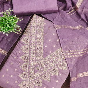 Festive Lavender Embroidered Dress Material Crafted from Rich Chanderi Silk with Zari Work