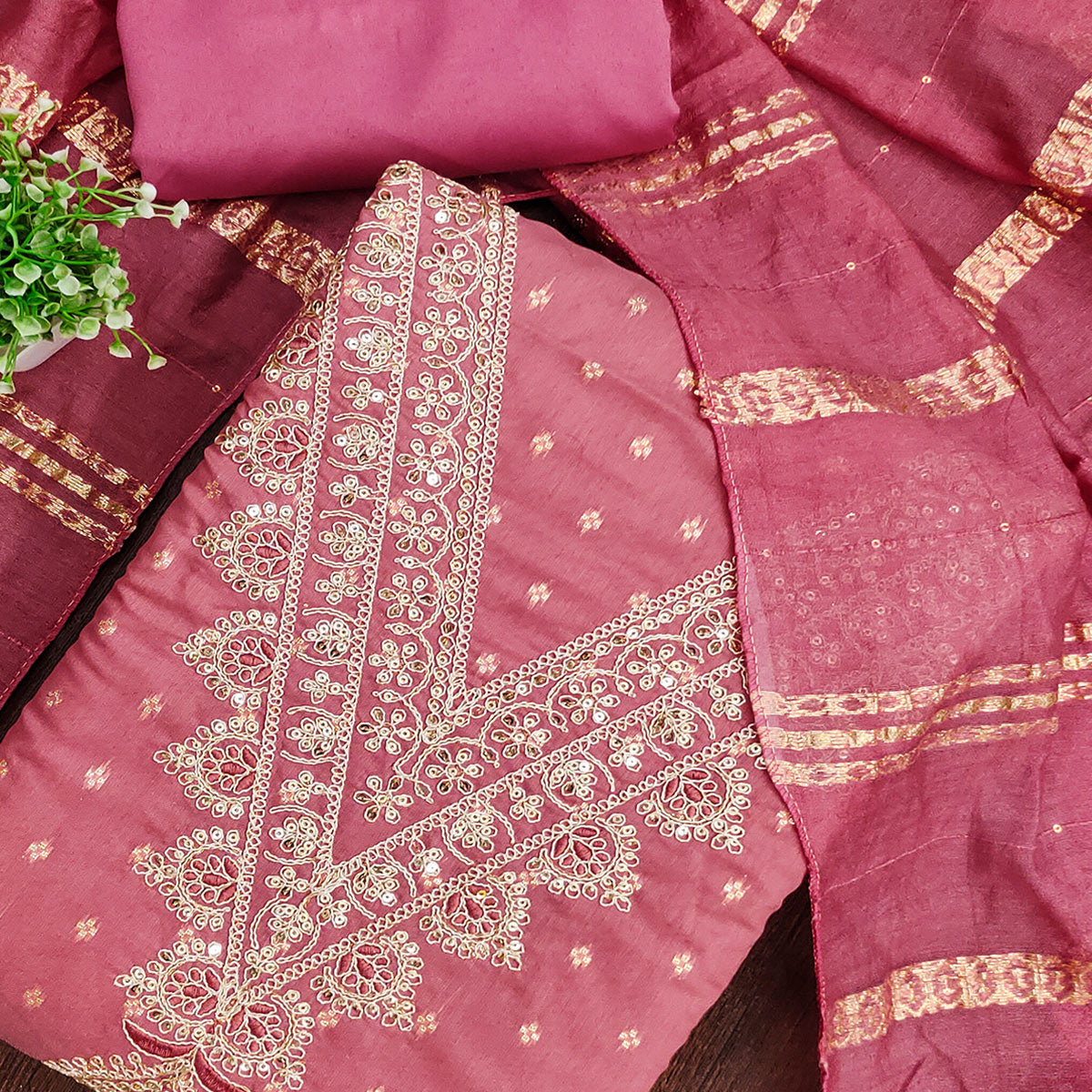 Festive Pink Embroidered Dress Material Crafted from Rich Chanderi Silk with Zari Work