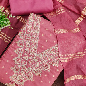 Festive Pink Embroidered Dress Material Crafted from Rich Chanderi Silk with Zari Work