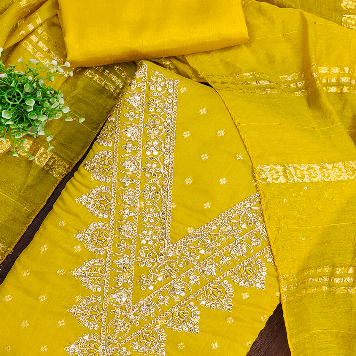 Festive Yellow Embroidered Dress Material Crafted from Rich Chanderi Silk with Zari Work