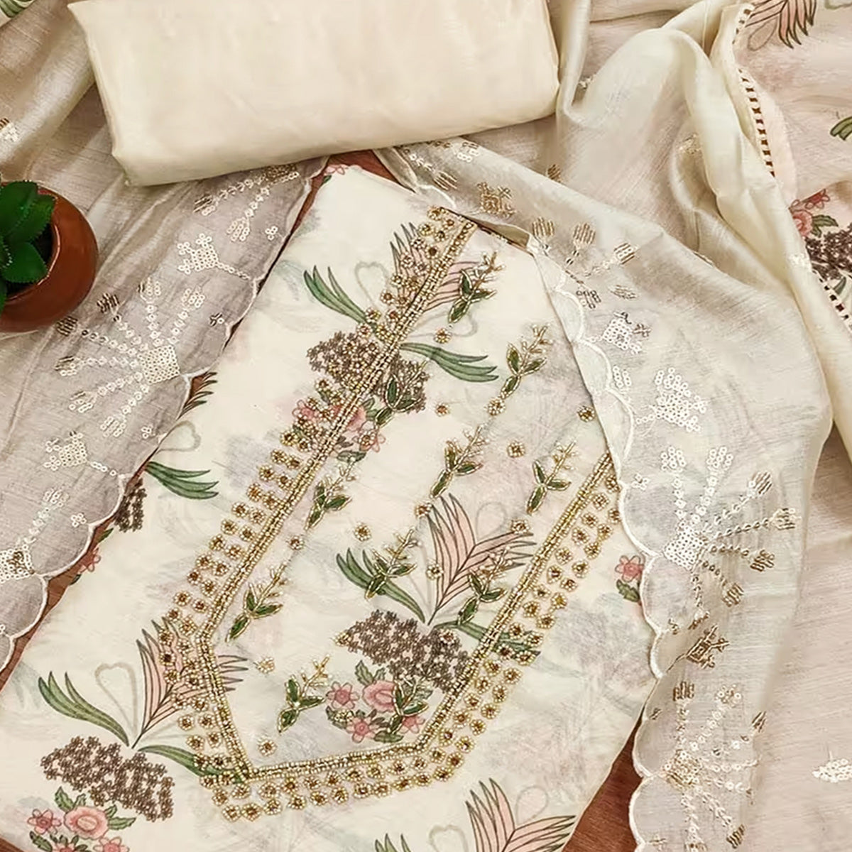 Cream Modal Chanderi Silk Unstitched Suit Material Showcasing Jaipuri Inspired Floral Designs