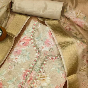 Beige Chanderi Silk Dress Material Showcasing Floral Prints with Subtle Beads Detailing
