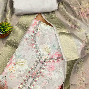 Grey Chanderi Silk Dress Material Showcasing Floral Prints with Subtle Beads Detailing