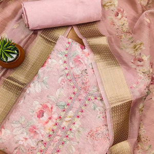 Pink Chanderi Silk Dress Material Showcasing Floral Prints with Subtle Beads Detailing
