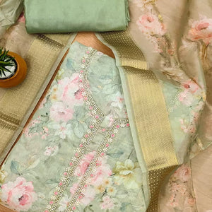 Pista Green Chanderi Silk Dress Material Showcasing Floral Prints with Subtle Beads Detailing