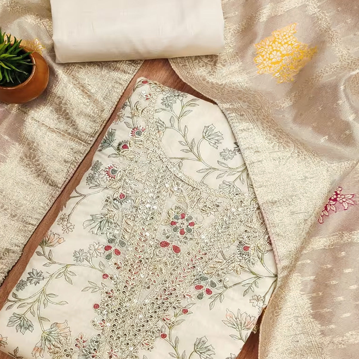 Cream & Blue Floral Printed Chanderi Silk Dress Material Adorned with Fine Embroidered Work