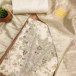Cream & Green Floral Printed Chanderi Silk Dress Material Adorned with Fine Embroidered Work