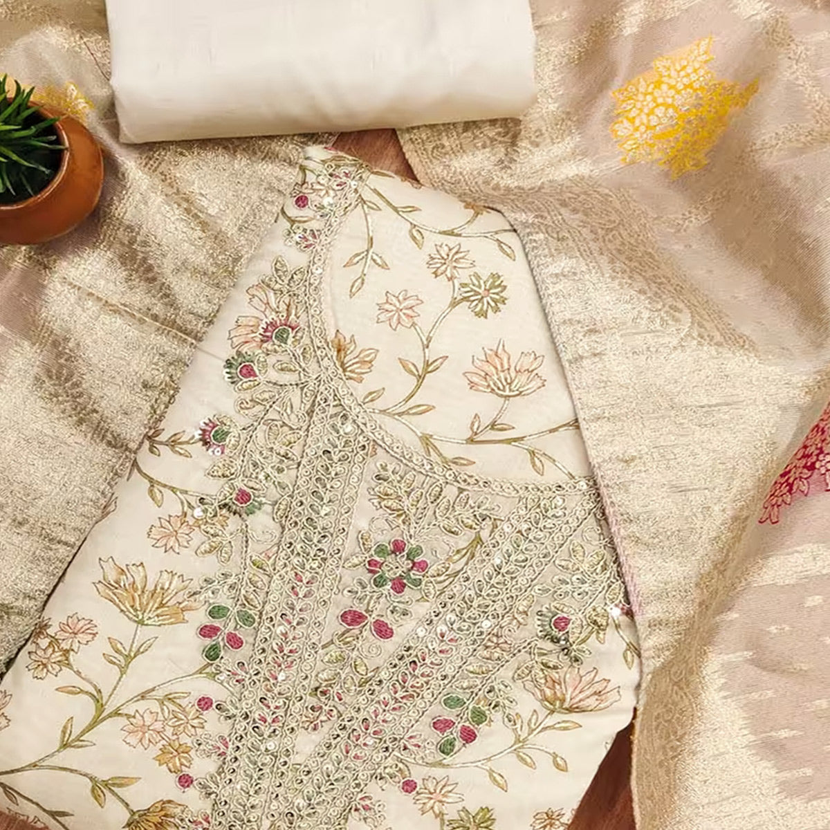 Cream & Mustard Floral Printed Chanderi Silk Dress Material Adorned with Fine Embroidered Work