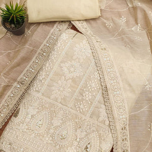 Designer Cream Chanderi Silk Fabric Set with Traditional Lucknowi Embroidered Detailing