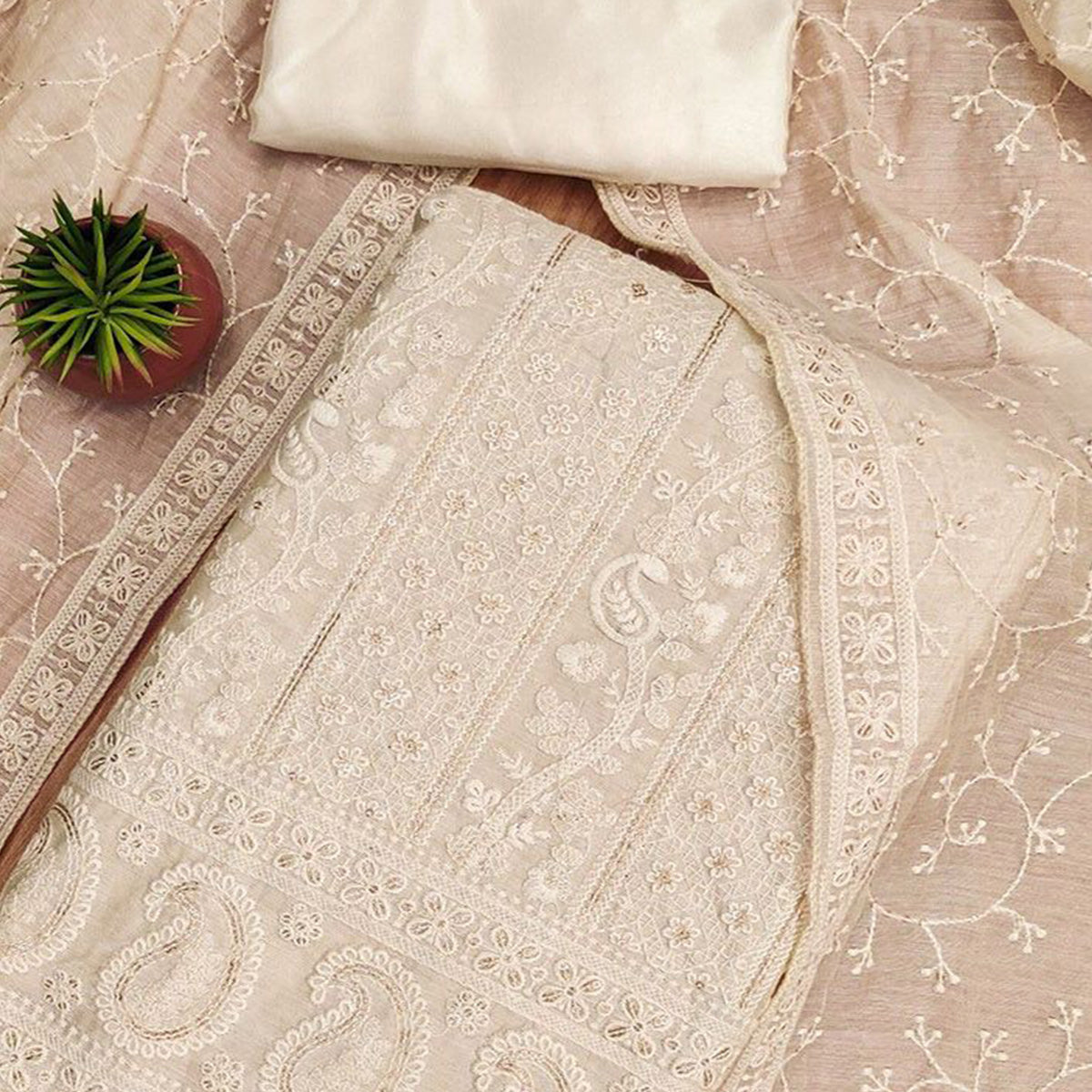 Elegant Cream Lucknowi Embroidery on Chanderi Silk Unstitched Suit Material