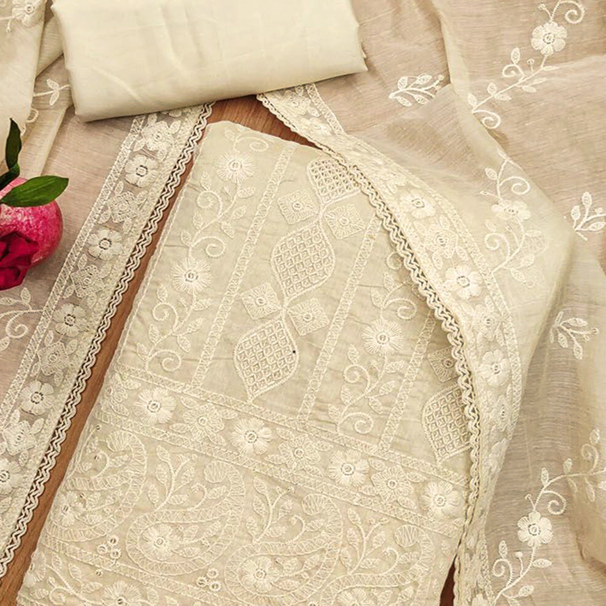 Sophisticated Cream Chanderi Silk Dress Material Highlighted with Classic Lucknowi Work