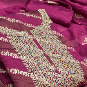 Rich Wine Banarasi Silk Dress Material Featuring Floral Weaving & Neck Cording Embroidery