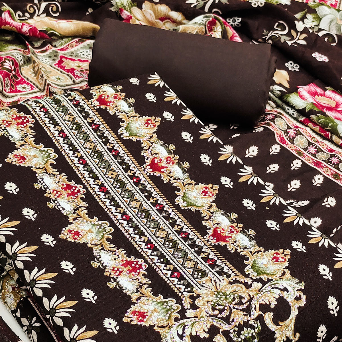 Brown Floral Printed Rayon Dress Material Enhanced With Sparkling Swarovski Work