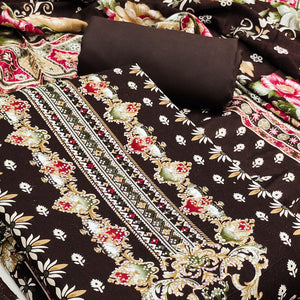 Brown Floral Printed Rayon Dress Material Enhanced With Sparkling Swarovski Work