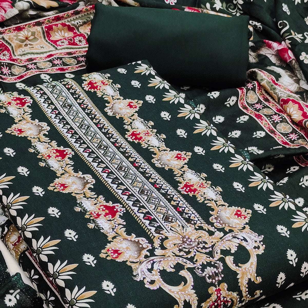 Green Floral Printed Rayon Dress Material Enhanced With Sparkling Swarovski Work