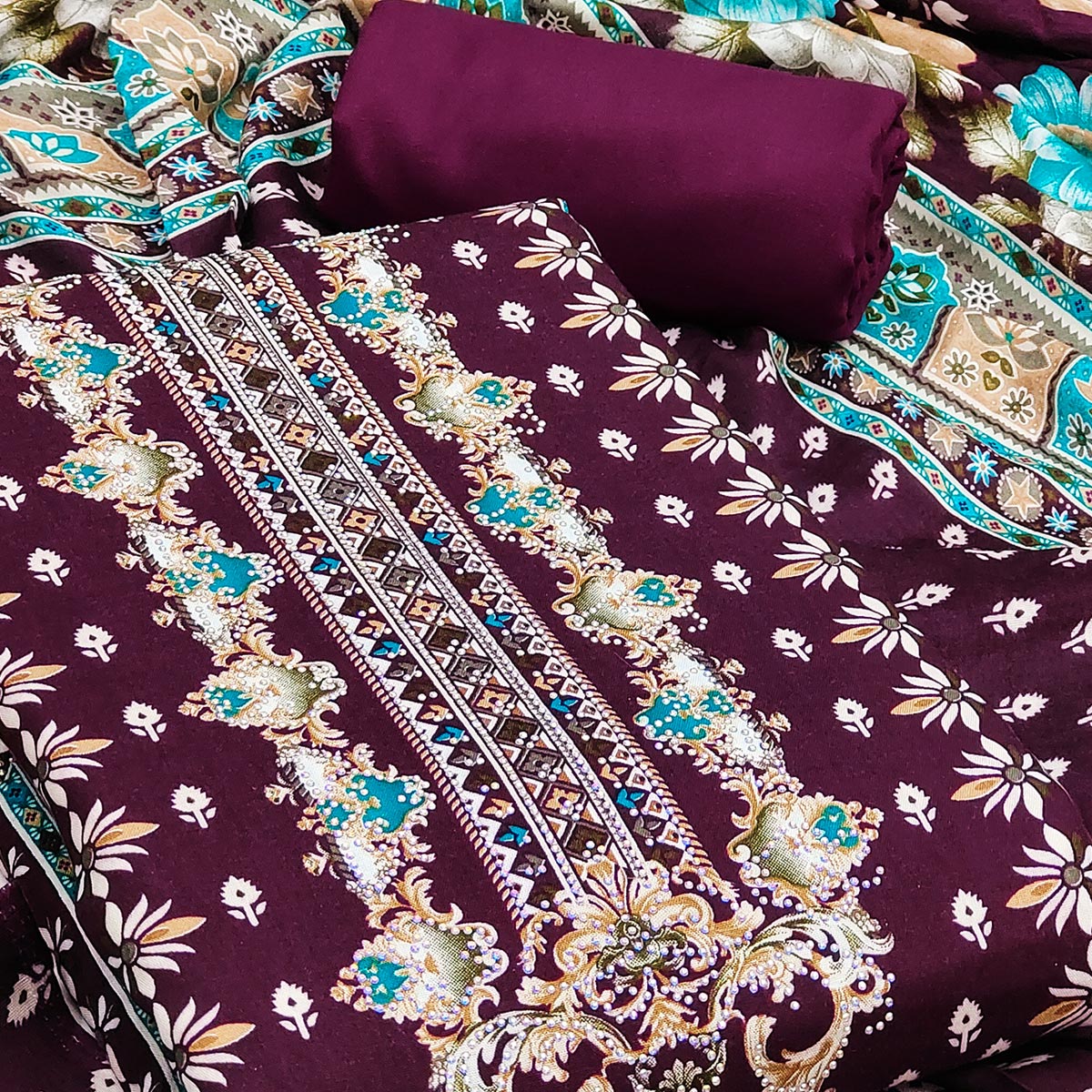 Wine Floral Printed Rayon Dress Material Enhanced With Sparkling Swarovski Work