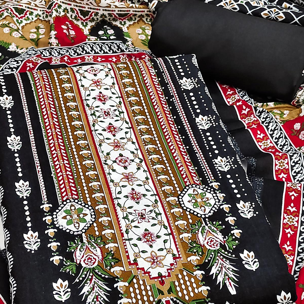 Black Floral Printed Rayon Dress Material Accented With Premium Swarovski Work