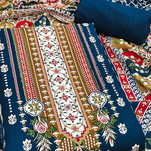 Blue Floral Printed Rayon Dress Material Accented With Premium Swarovski Work