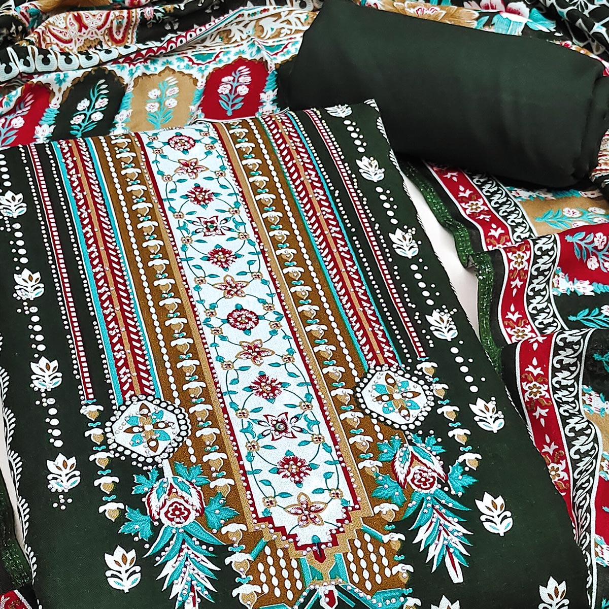 Green Floral Printed Rayon Dress Material Accented With Premium Swarovski Work