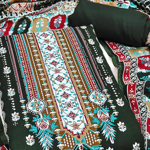 Green Floral Printed Rayon Dress Material Accented With Premium Swarovski Work