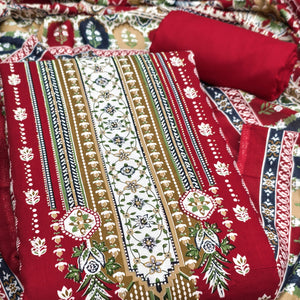 Red Floral Printed Rayon Dress Material Accented With Premium Swarovski Work