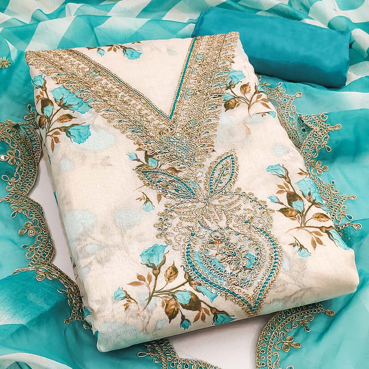 Elegant Cream & Blue Digital Floral Print Modal Chanderi Silk Dress Material With Cording Embroidery