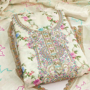 Cream Floral Digital Printed Chanderi Dress Material With Cording Embroidery & Khatli Handwork
