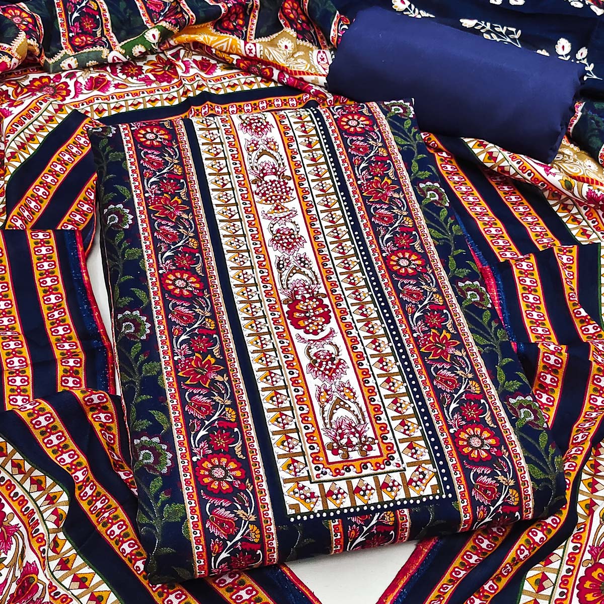 Charming Navy Blue Floral Rayon Dress Material Enhanced With Premium Swarovski Embellishment Work