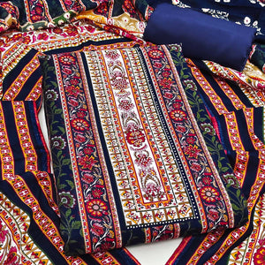 Charming Navy Blue Floral Rayon Dress Material Enhanced With Premium Swarovski Embellishment Work