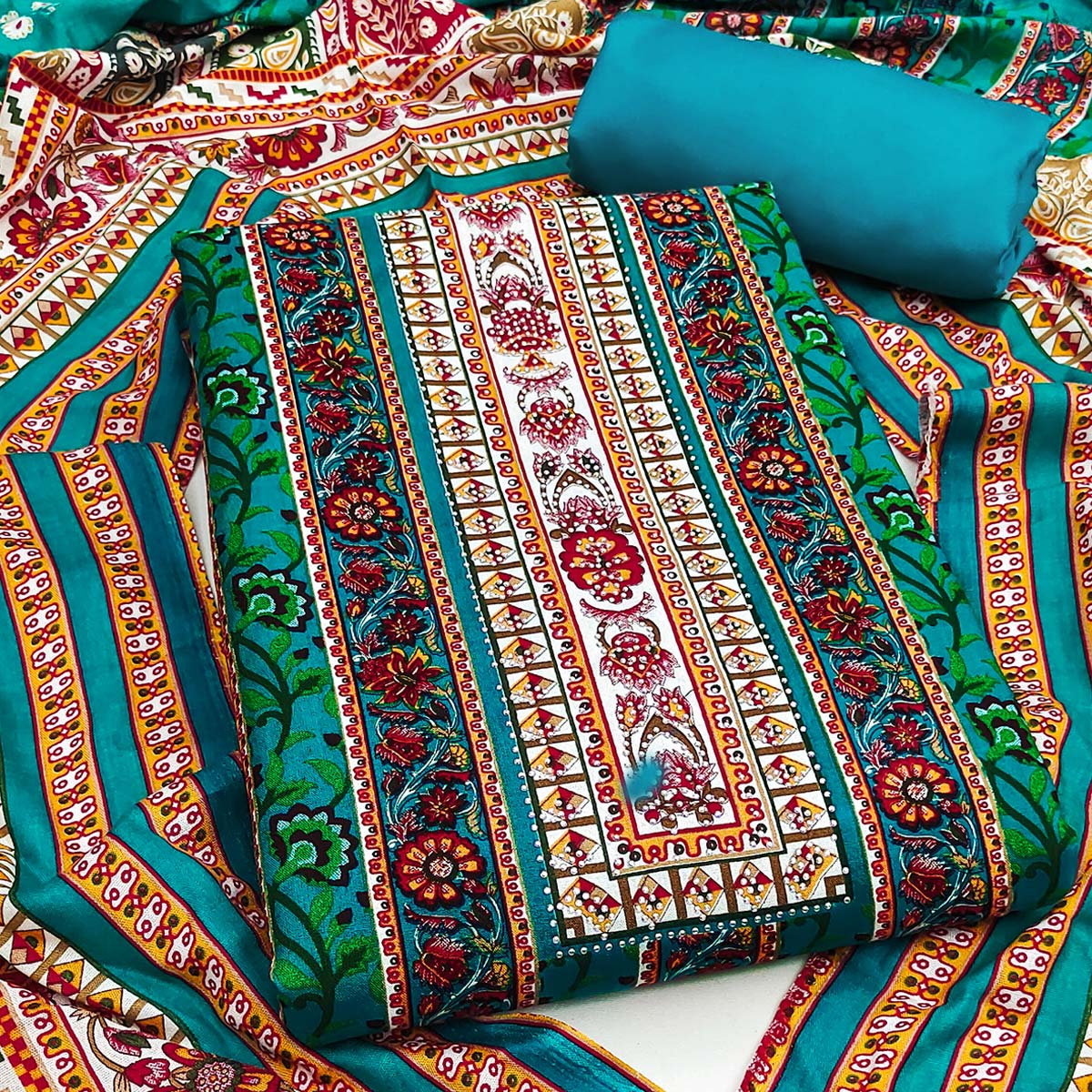 Charming Rama Blue Floral Rayon Dress Material Enhanced With Premium Swarovski Embellishment Work